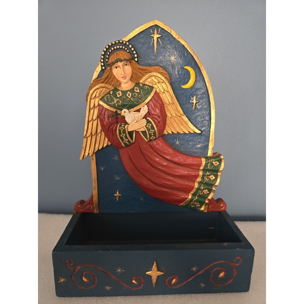 Vtg‎ Midwest Cannon Falls Winter Wind Folk Arts Wood Angel Dove Christmas Box
